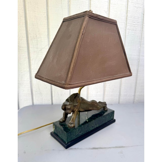 Vintage Stretching Lion Bronzed Metal and Marble Desk Writing Table Foyer Table Lamp For Sale - Image 4 of 12