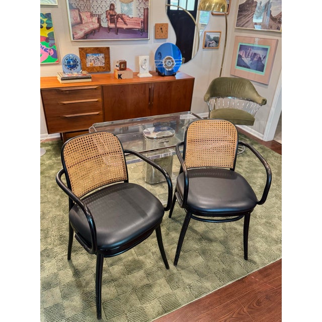 Mid-Century Modern A Pair of Rare Vintage Black and Tan Bentwood Thonet Chairs by Josef Hoffman for Ligna, Circa 1970s For Sale - Image 3 of 12