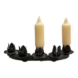 Vintage Brutalist Lotus Blossom Candelabra | Sculptural Wrought Iron Candle Holders For Sale