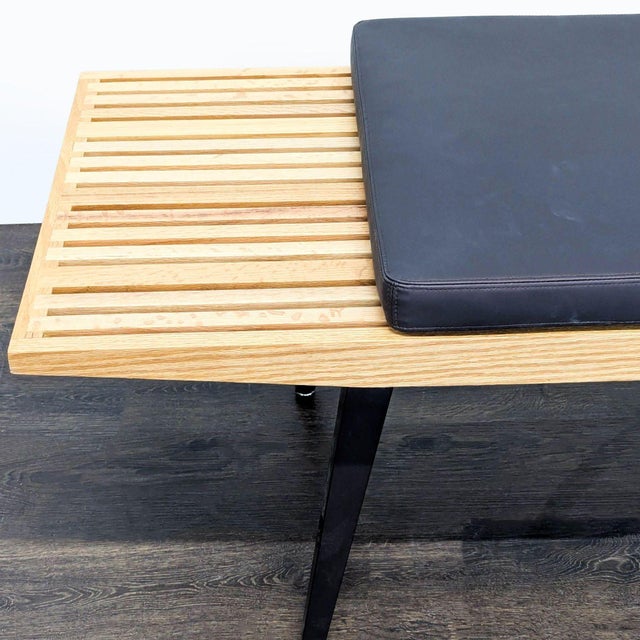 2000 - 2009 Mid-Century Slatted Wood Bench With Cushions For Sale - Image 5 of 5