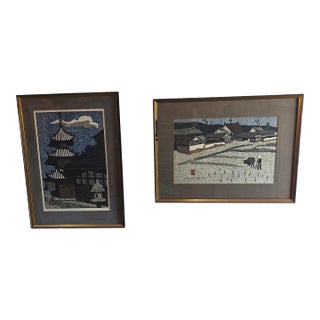 Pair of Kiyoshi Saito Mid-Century Japanese Woodblock Prints - Plowing the Field & Pagoda, Framed For Sale