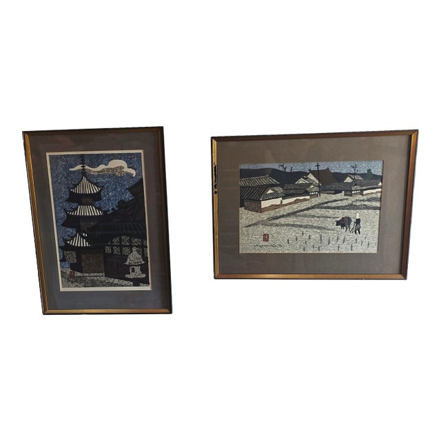 Pair of Kiyoshi Saito Mid-Century Japanese Woodblock Prints - Plowing the Field & Pagoda, Framed For Sale