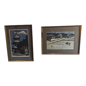 Pair of Kiyoshi Saito Mid-Century Japanese Woodblock Prints - Plowing the Field & Pagoda, Framed