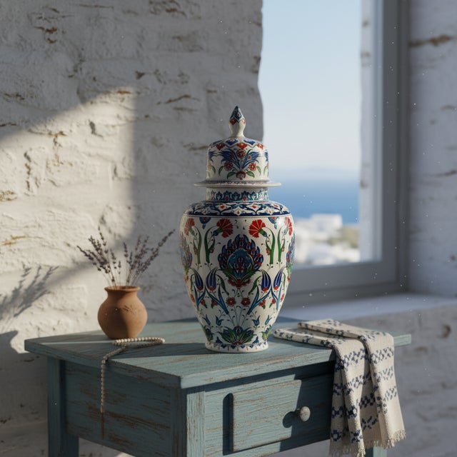 2020s Handmade Ceramic Iznik Shah Vase with Lid (Classic Floral Style) Red Carnation and Central Hatayi Medallion For Sale - Image 5 of 8