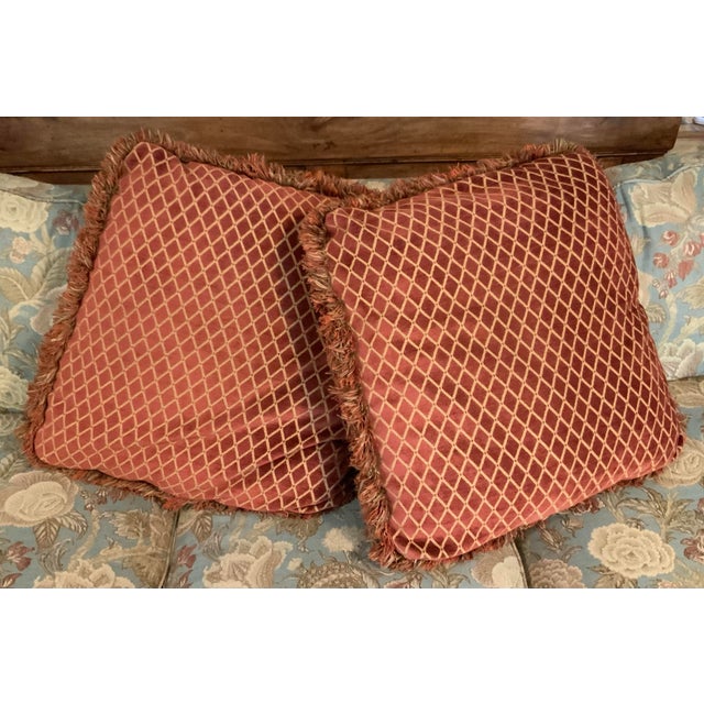 Pair of Oversized 24” Oxblood & Tan Diamond‑Lattice Jacquard Pillows With Luxe Multicolor Brush Fringe - Cottage Core - Club Room - French Country For Sale In New Orleans - Image 6 of 6