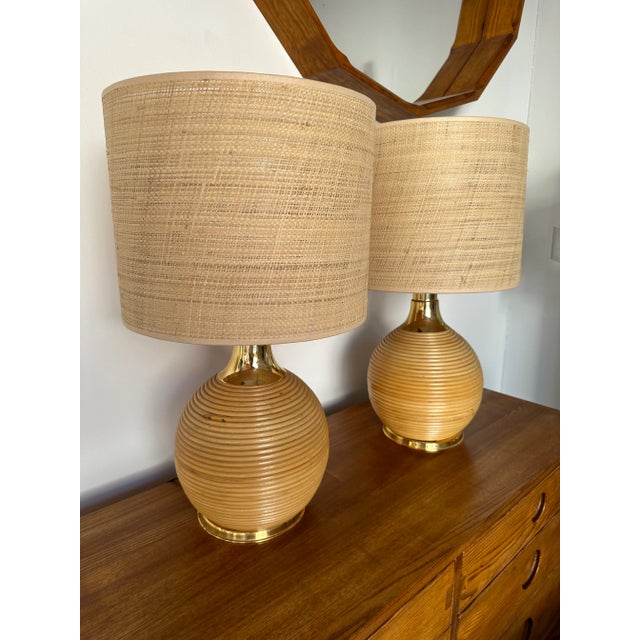 Pair of Rattan and Brass Lamps. Italy, 1970s For Sale - Image 4 of 12
