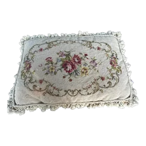 Vintage Early 20th Century Petitpoint and Needlepoint Floral Tassel Pillow