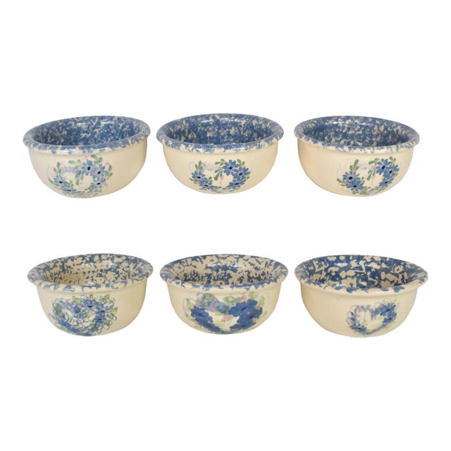 Mid 20th Century Hand Painted East Texas Pottery Spring Heart Cups Bowls - Set of 6 For Sale