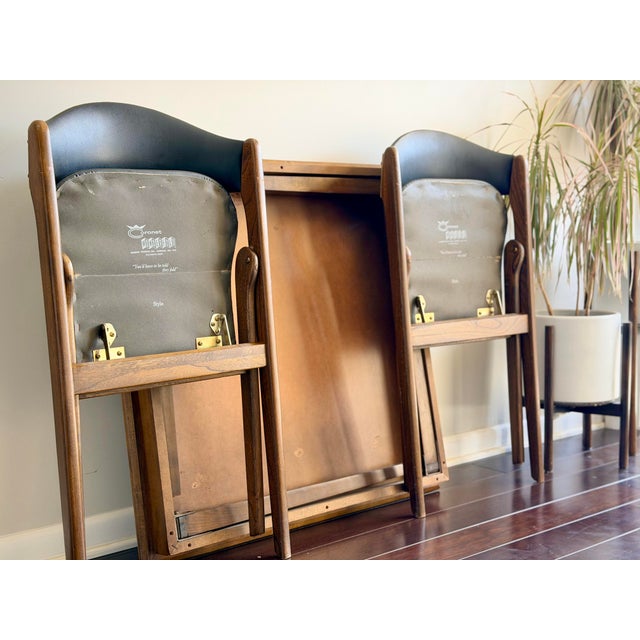 Mid-Century 1960s Coronet “Wonderfold” Walnut Table & Pair of Folding Chairs Set With Black Vinyl for Poker Game or Breakfast Nook For Sale - Image 11 of 12