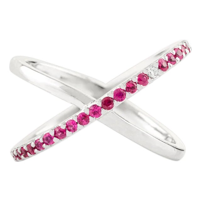 14k White Gold Unique Criss Cross Ruby Ring With Diamond Size 6 For Sale
