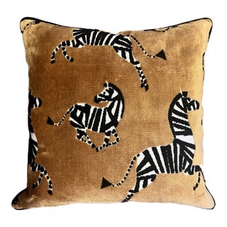 Zebra Themed Dark Gold and Black Velvet Pillow For Sale