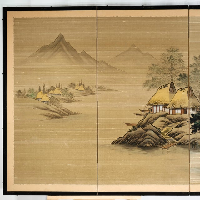 Japanese Antique Japanese 4-Panel Byobu Riverside Thatched Homes Hand Signed & Painted Silk Folding Screen Divider Early 20th Century For Sale - Image 3 of 10