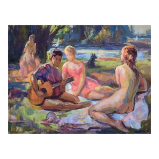 Picnic in the Park - Mid Century Figurative Landscape by Albert Genta For Sale