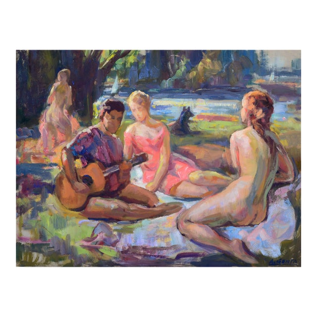 Picnic in the Park - Mid Century Figurative Landscape by Albert Genta For Sale