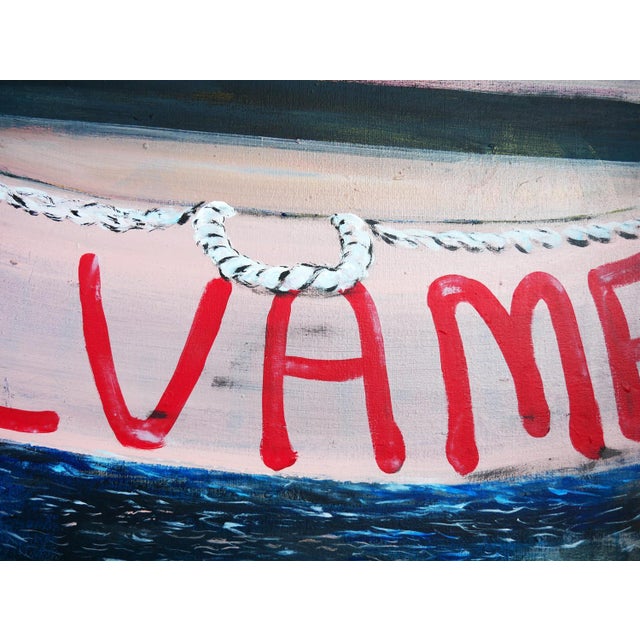 Textile Moisés Villafuerte "Salvame" Blue, Pink, and Red Abstract Contemporary Seascape Painting with Texts, 2022 For Sale - Image 7 of 9