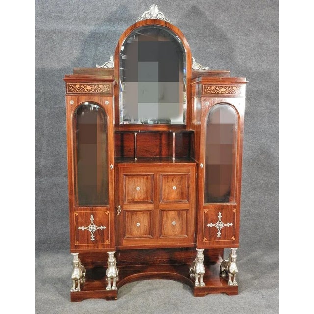 Monumental French Inlaid Rosewood Bronze Figured Vitrine China Cabinet For Sale - Image 11 of 11