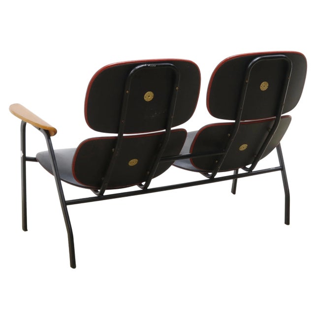 For your consideration: Vintage Midcentury Modern European settee by Italian manufacturer Poltranova. , metal, leather and...