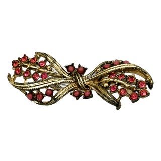 Vintage Pink Rhinestone & Cabochon Bow Brooch For Sale