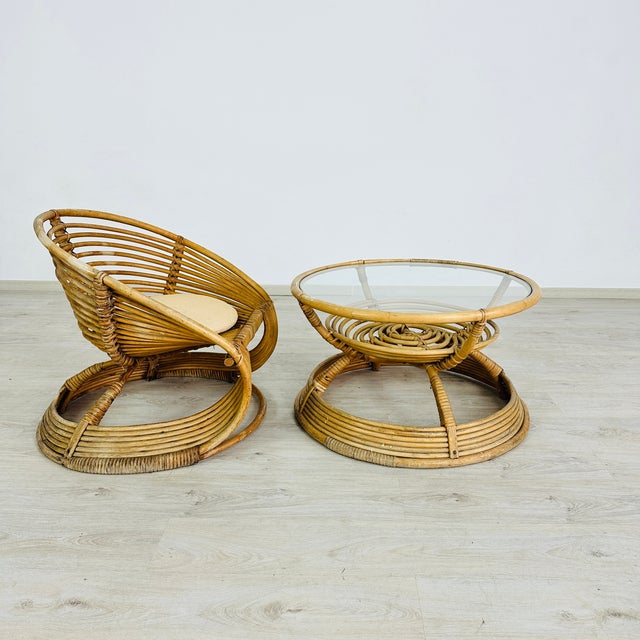 Italian Rattan Lounge Chairs With Coffee Table – Set of 3 For Sale - Image 4 of 16