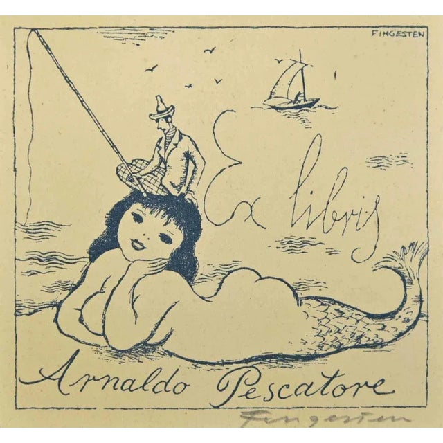 Ex Libris Arnaldo Pescatore- is a woodcut print created by Michel Fingesten. Hand Signed on the lower right margin. Good...