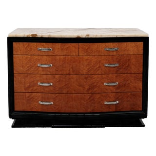 Art Deco High-Gloss Black Lacquered Chest of 5 Drawers with Birds-Eye Maple, 1930s For Sale