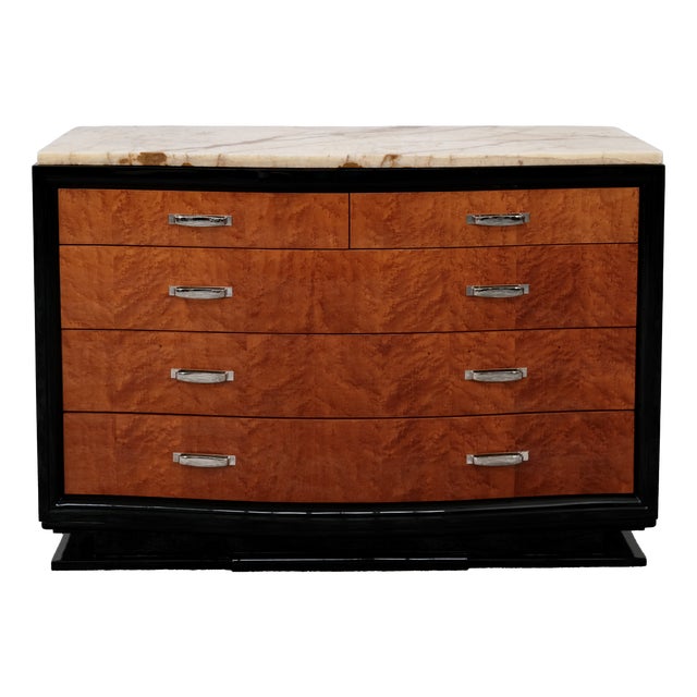 Art Deco High-Gloss Black Lacquered Chest of 5 Drawers with Birds-Eye Maple, 1930s For Sale