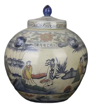 Chinese Vintage Ceramic Pot,Ming Dynasty Jiajing Marked Blue and White Doucai Porcelain Lid Jar Hand Painted Zhu Lin Qi Xian Pattern
