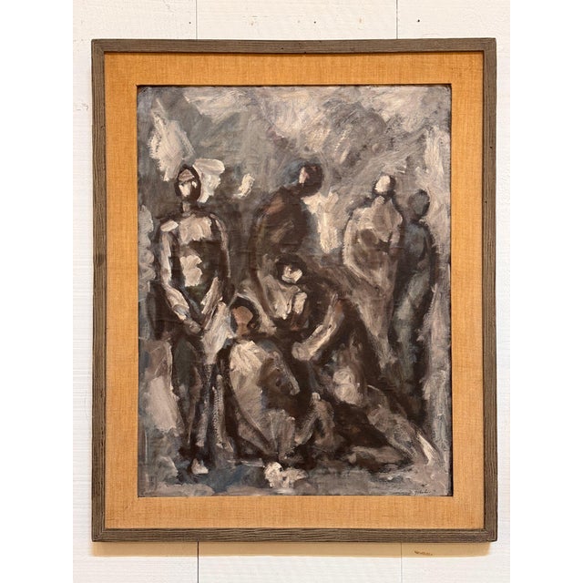Loosely painted abstract nudes by M. Golubov, signed lower right, in soft tones of gray, brown and white. Set in a linen...