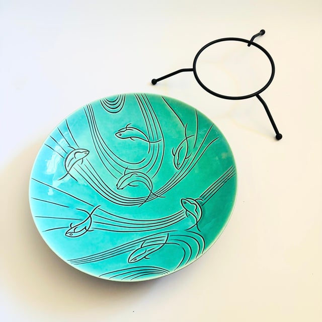 Large Mid Century Ceramic Fish Serving Bowl on Metal Base by Roselane Pottery For Sale - Image 13 of 17