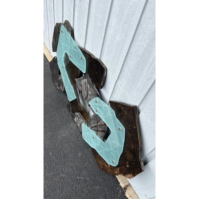 Signed 1990’s Modern Abstract Etched Glass Steel Wall Art Sculpture For Sale - Image 10 of 13