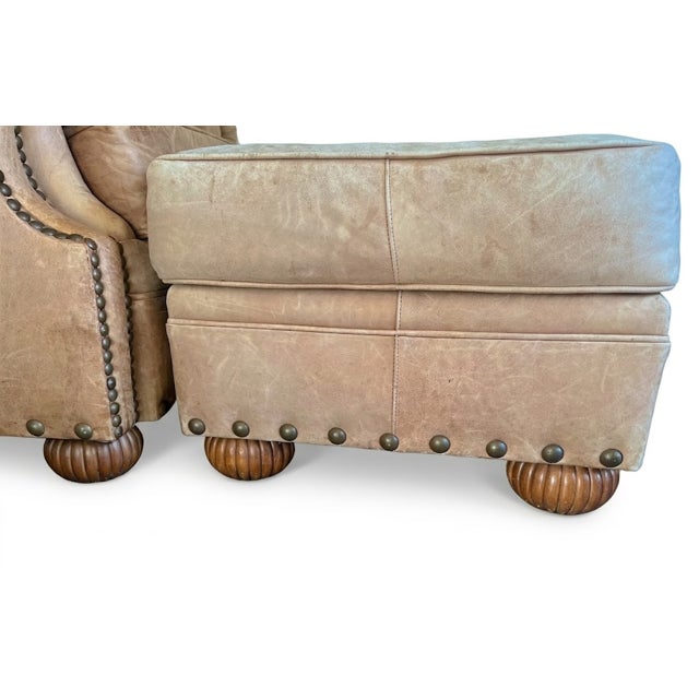 Bradington Young Vintage Bradington-Young Hand-Brushed Aniline Leather Tufted English Club Suite With Wingback Chair, Ottoman and Loveseat For Sale - Image 4 of 14