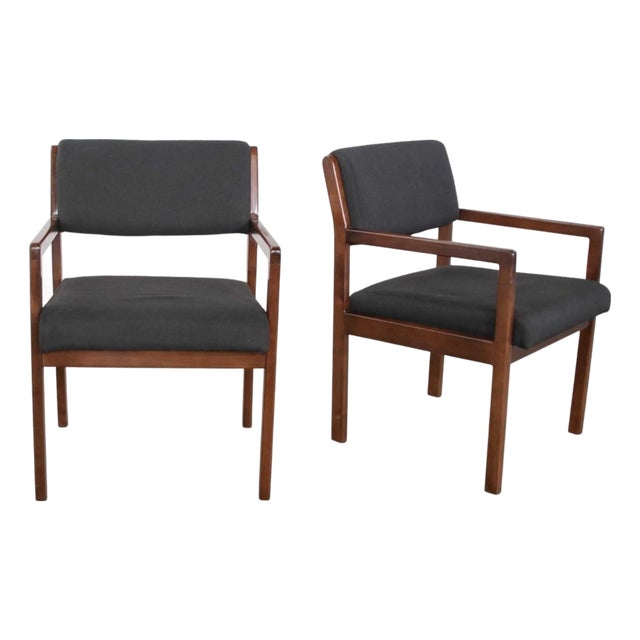 Vintage Modern Armchairs Black & Walnut Tone Wood by Haworth - A Pair For Sale