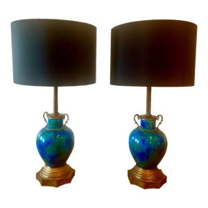 Pair of 19th Century Antique Peacock Turquoise Blue & Green Chinese Porcelain Vase Lamps French Mounted in Bronze
