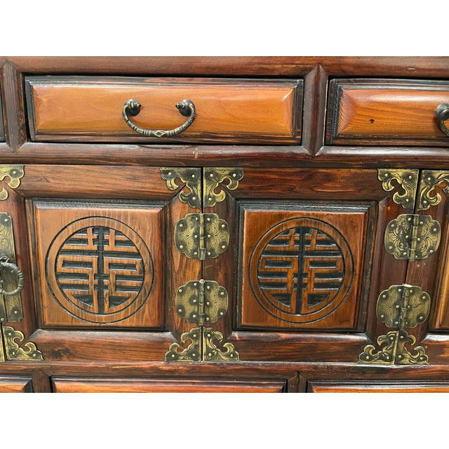Vintage Chinese Export Solid Wood Low Credenza / Media Console With Double Happiness Fretwork For Sale - Image 4 of 11