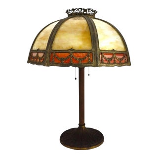 Bradley & Hubbard 8-Panel 2-Tone Arts & Crafts Slag Glass Lamp Table C1920 For Sale