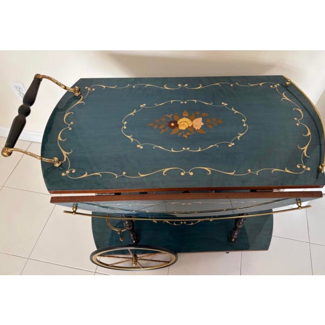 Mid 20th Century Mid-Century Italian Hollywood Regency Marquetry Drop-Leaf Bar Cart For Sale - Image 5 of 9