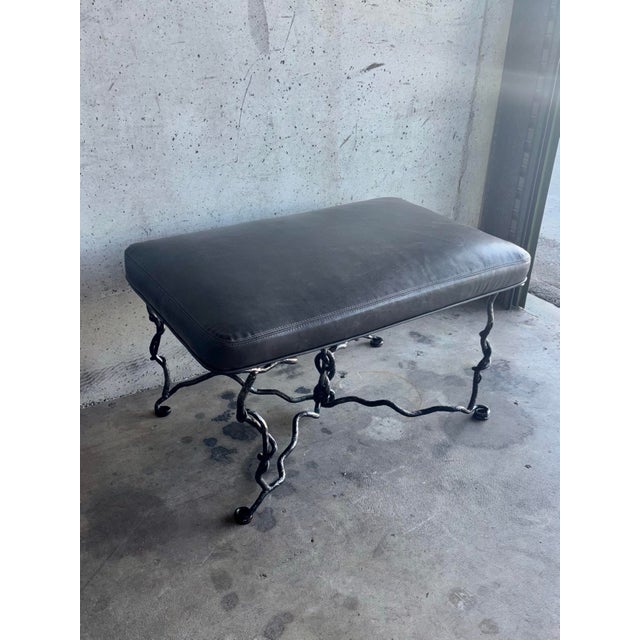 Mid-Century Modern Vintage Sculptural Forged Iron and Leather Bench in the Style of Giacometti For Sale - Image 3 of 7