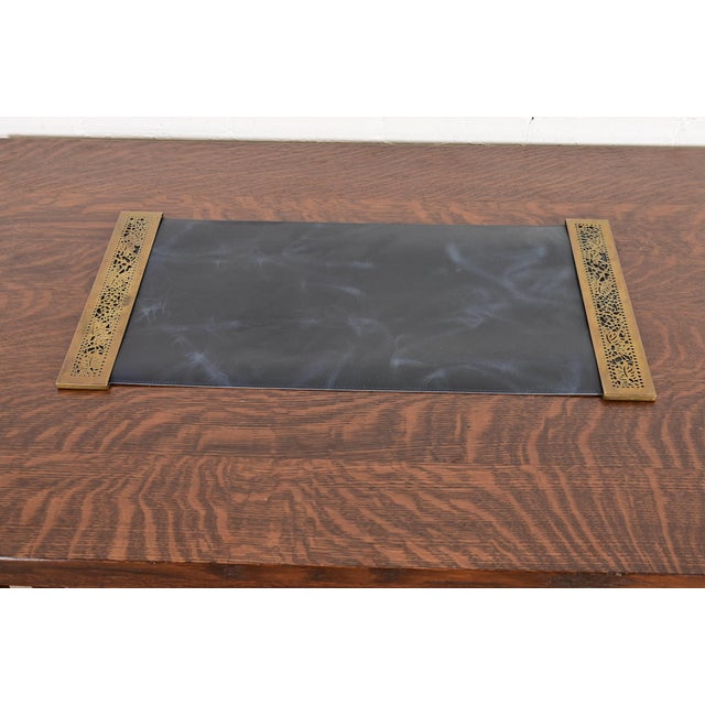 A gorgeous pair of Art Deco or Arts & Crafts period gilt bronze "Grapevine" pattern blotter ends with a custom blue...