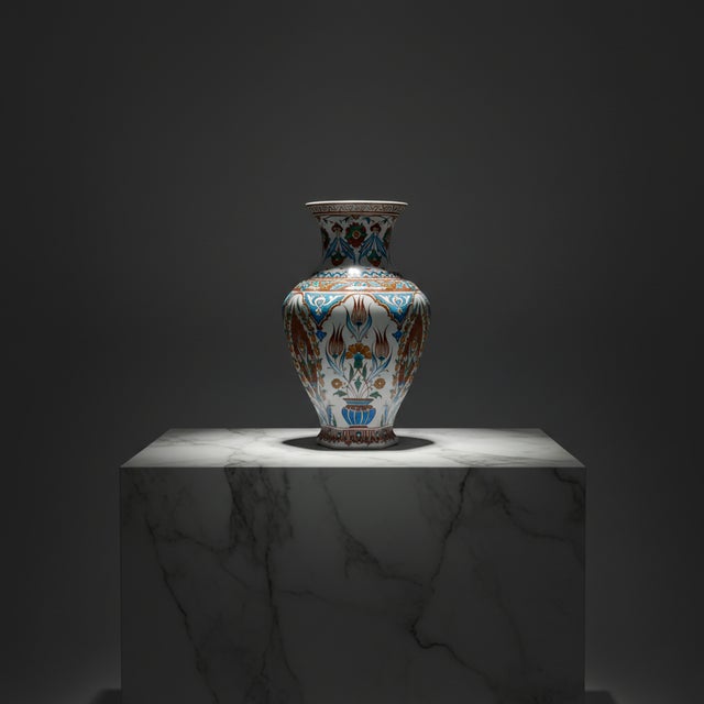 Handmade Ceramic Iznik Vase (Faceted Form) Russet Brown and Turquoise Floral For Sale - Image 9 of 9