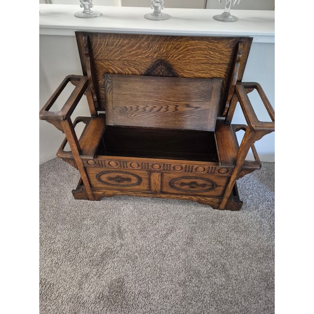 Vintage Carved Oak Monk's Bench For Sale - Image 4 of 10