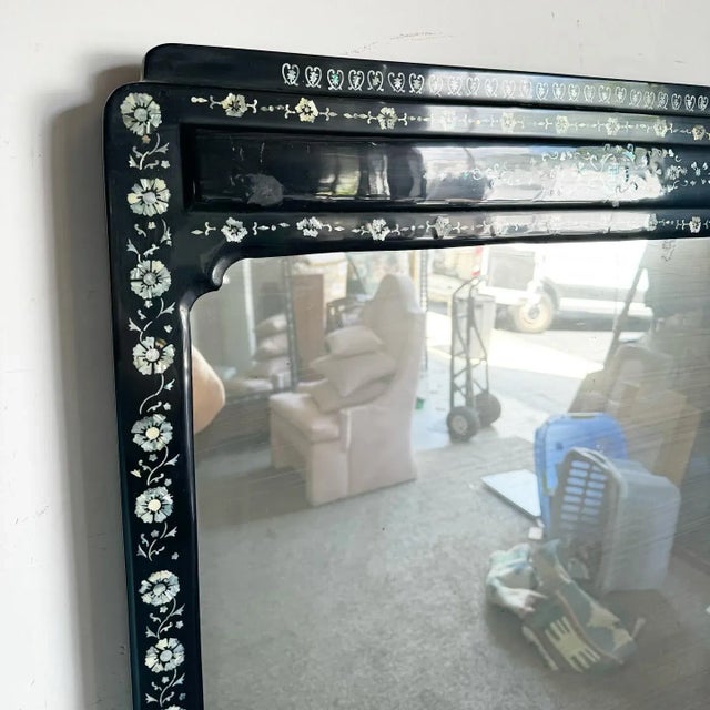 1980s Chinese Black Lacquered Mother of Pearl Inlay Vanity/Chest With Mirror For Sale - Image 5 of 12