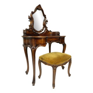 French Louis XV Revival Dressing Table with Mirror and Stool, 1890s, Set of 2 For Sale