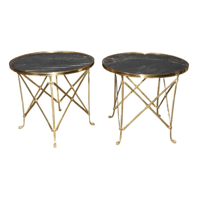 Fine Pair of French Brass and Marble Gueridons End Tables Circa 1960 For Sale
