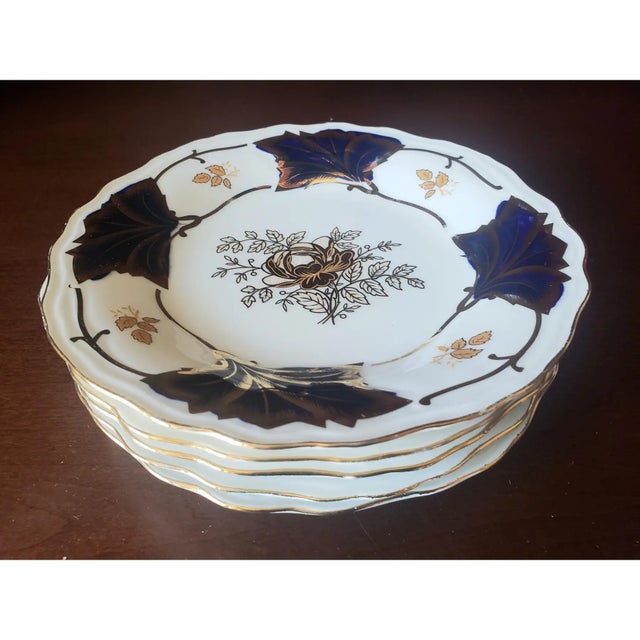 Mid 20th Century Vintage Cobalt Blue & Gold Porcelain Dessert Plates – Set of 5 For Sale - Image 5 of 8