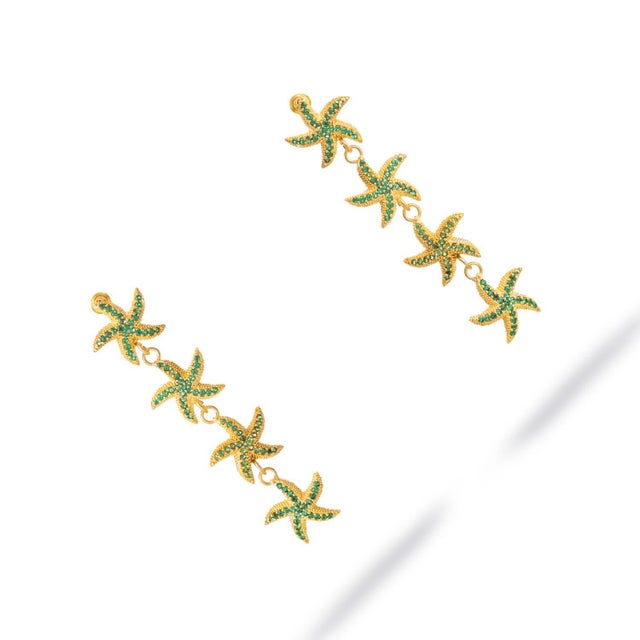 Emerald Starfish Cascade Gold Dangle Earrings, A Pair For Sale In Miami - Image 6 of 8