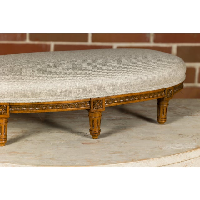 French French Louis XVI Style Walnut Footstool with Linen Upholstery, 19th Century For Sale - Image 3 of 12