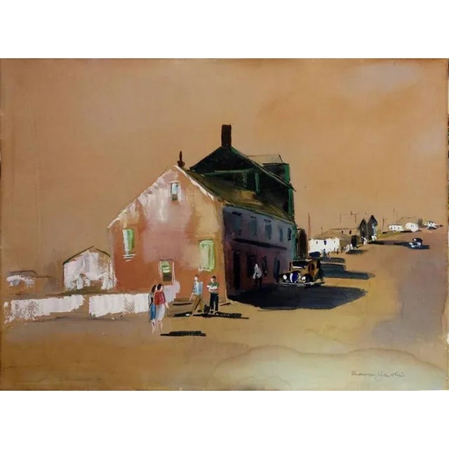 An small town afternoon street scene by German born artist Rudolph Jacobi (1889-1972). Signed lower right. Displayed in a...