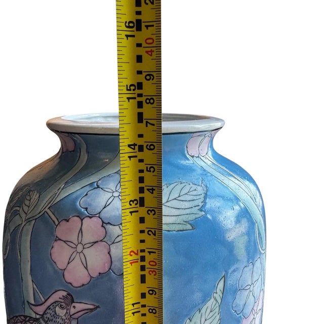 1980s Vintage MCM Cloisonne Style Chinese Porcelain Hand Painted Floor Vase For Sale - Image 5 of 5
