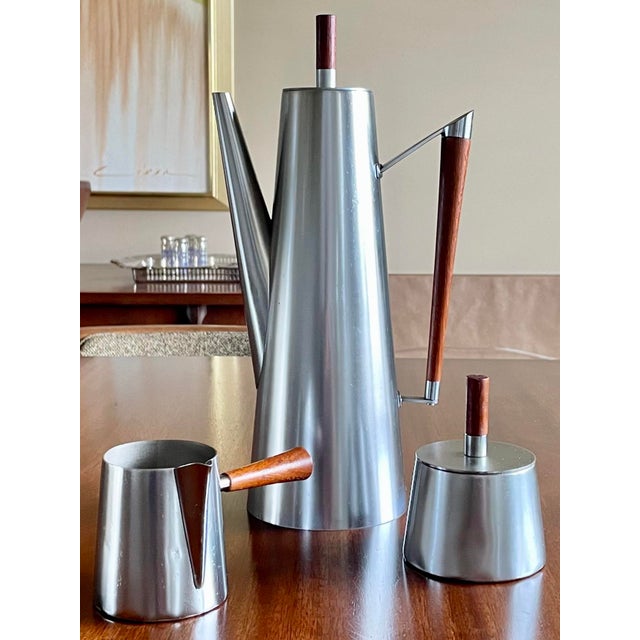 Italian Mid-Century Modern Stainless Steel & Teak Coffee Tea Service - 3pc. Set For Sale - Image 10 of 10