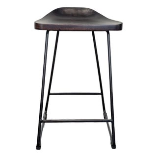Pottery Barn Brenner Modern Industrial Counter Stool With Wood Seat and Metal Base For Sale